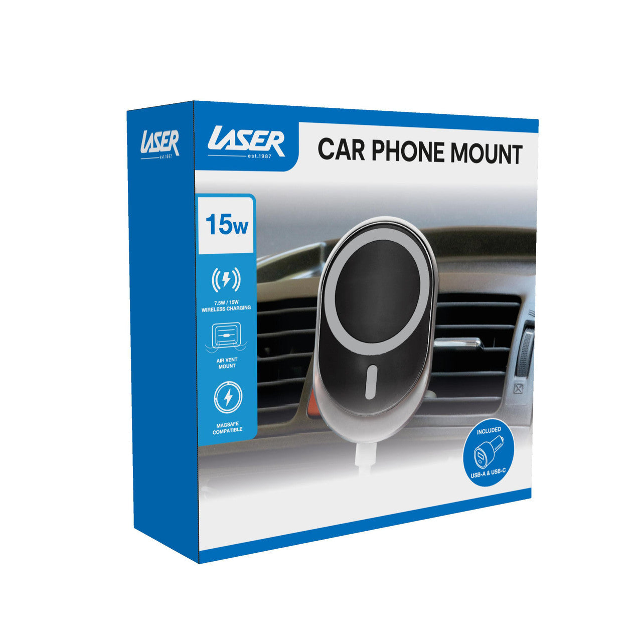 Laser 15W MagSafe Wireless Car Charger Mount – Fast Charging Magnetic Holder for iPhone – Black