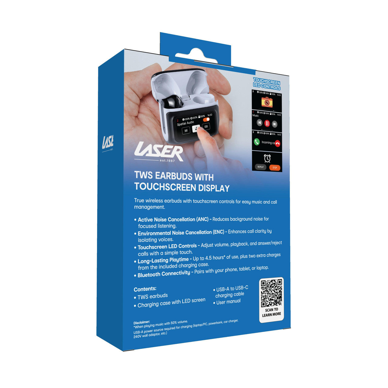 Laser TWS Earbuds with ANC and Touch Display – Wireless Bluetooth Noise Cancelling Earphones – Black