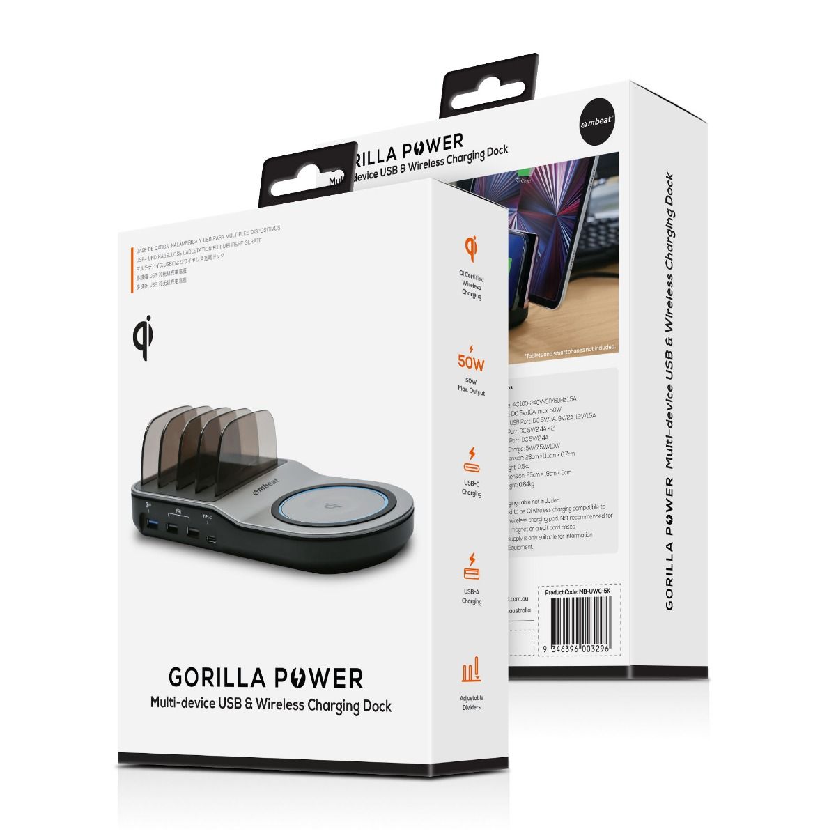mbeat Gorilla Power 50W Charging Dock – Qi-Certified Wireless & Multi-Device USB Fast Charger