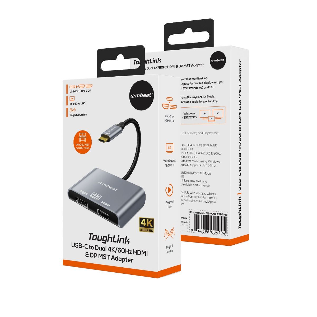 mbeat Tough Link USB-C to DisplayPort & HDMI MST Adapter – Dual 4K@60Hz Output – Space Grey