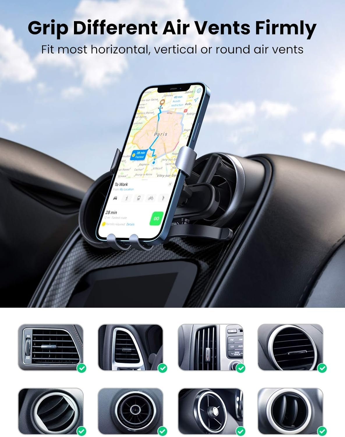 UGREEN 30401 Gravity Car Mount – Air Vent Phone Holder with Auto-Lock & One-Hand Operation