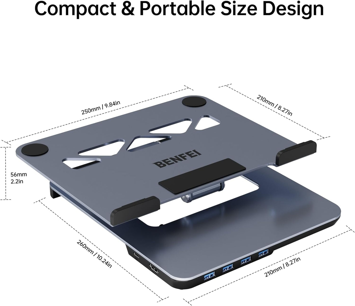 BENFEI 380GY Laptop Stand with USB-C Dock – 6-in-1 Hub with 4K@60Hz HDMI, 4× USB 3.0, 100W PD Charging