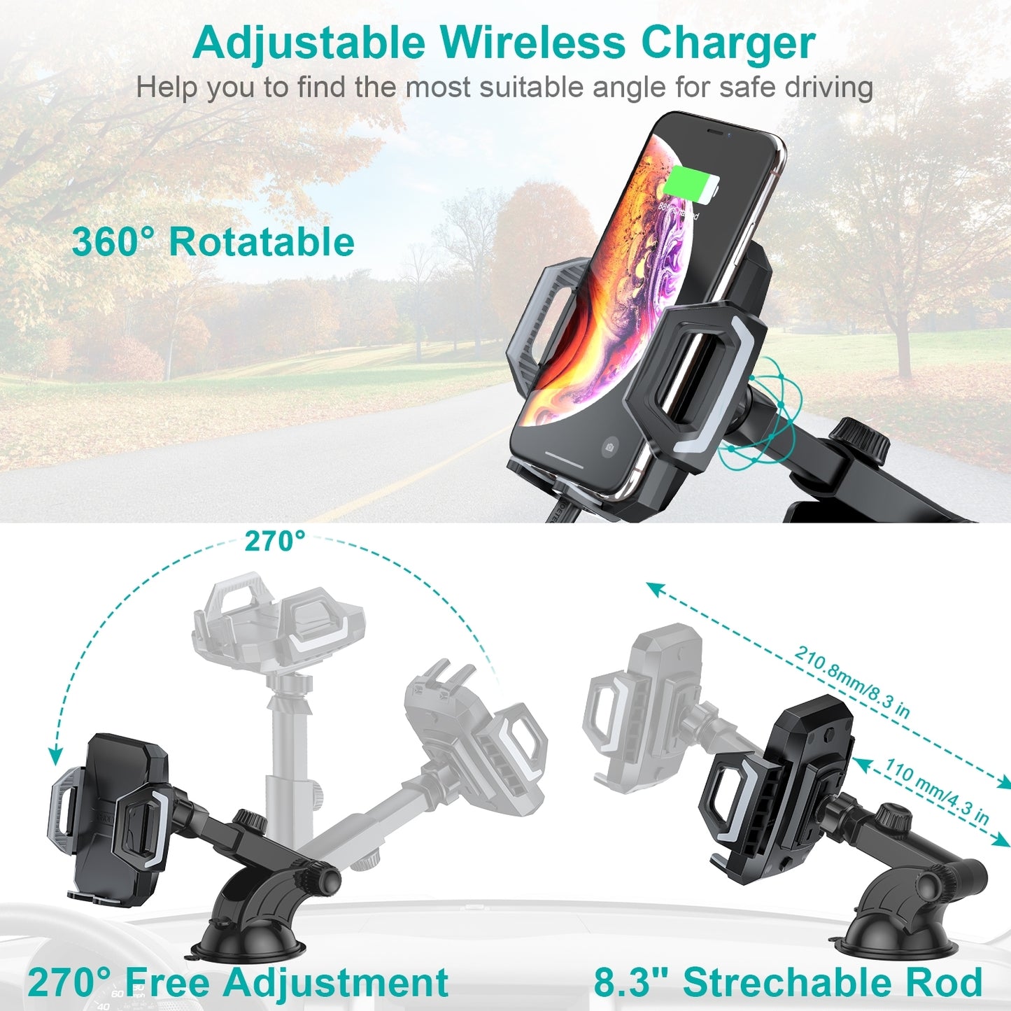 CHOETECH T521-F 15W Fast Wireless Car Charger – Auto-Clamping Air Vent Mount Dock for iPhone & Android