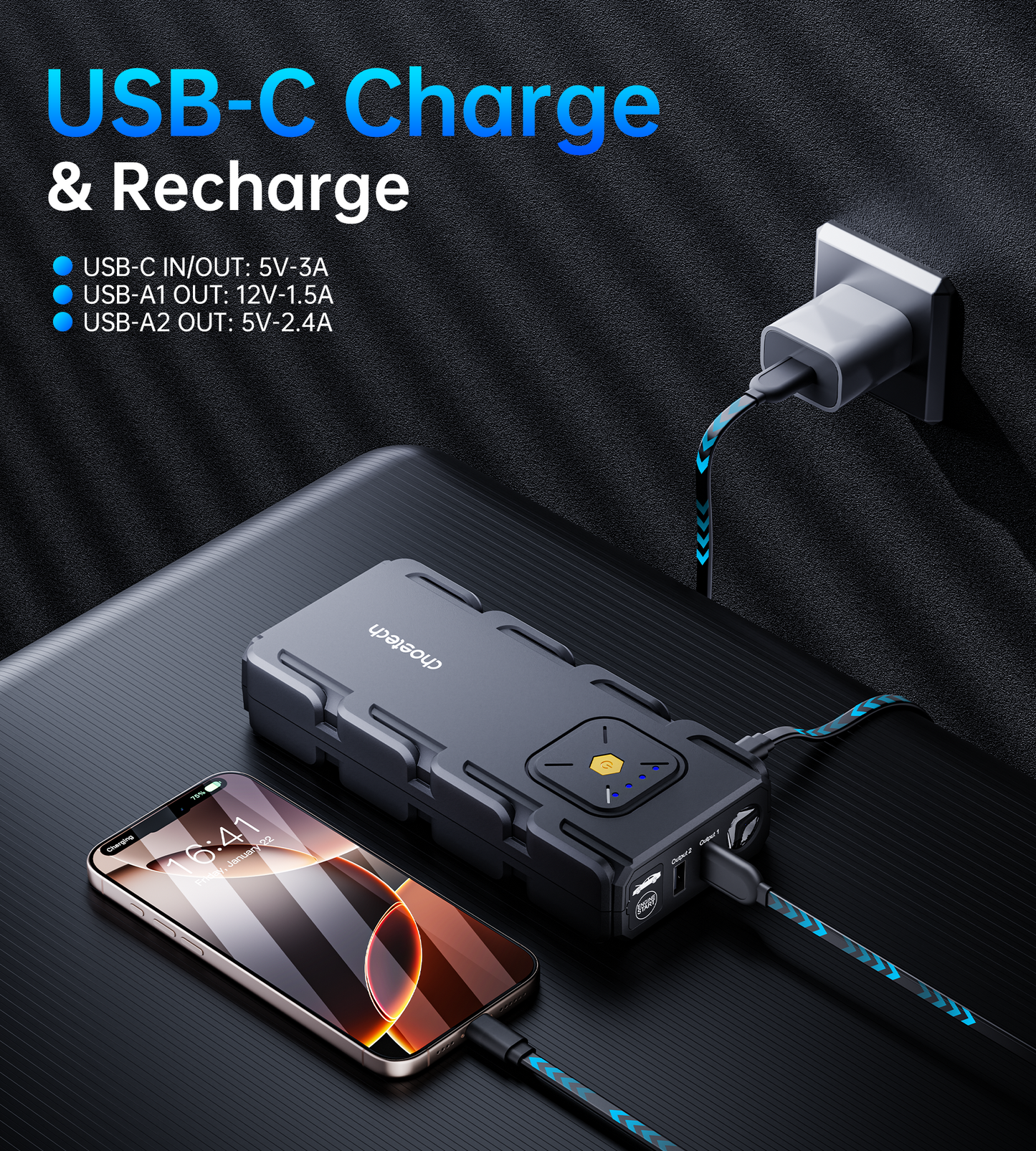 CHOETECH TC0009 16000mAh Portable Car Jump Starter – Power Bank with Emergency Light & USB Charging