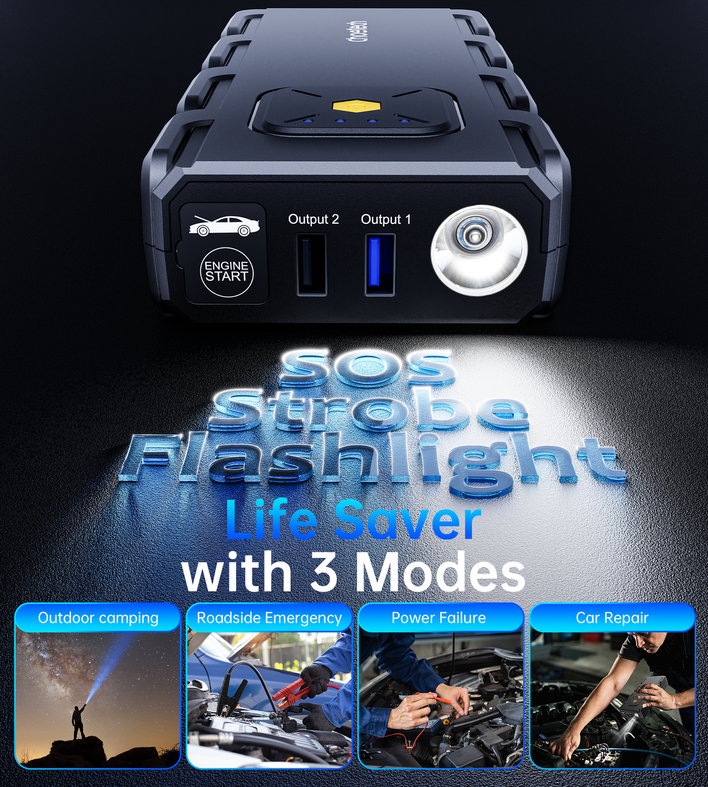 CHOETECH TC0009 16000mAh Portable Car Jump Starter – Power Bank with Emergency Light & USB Charging