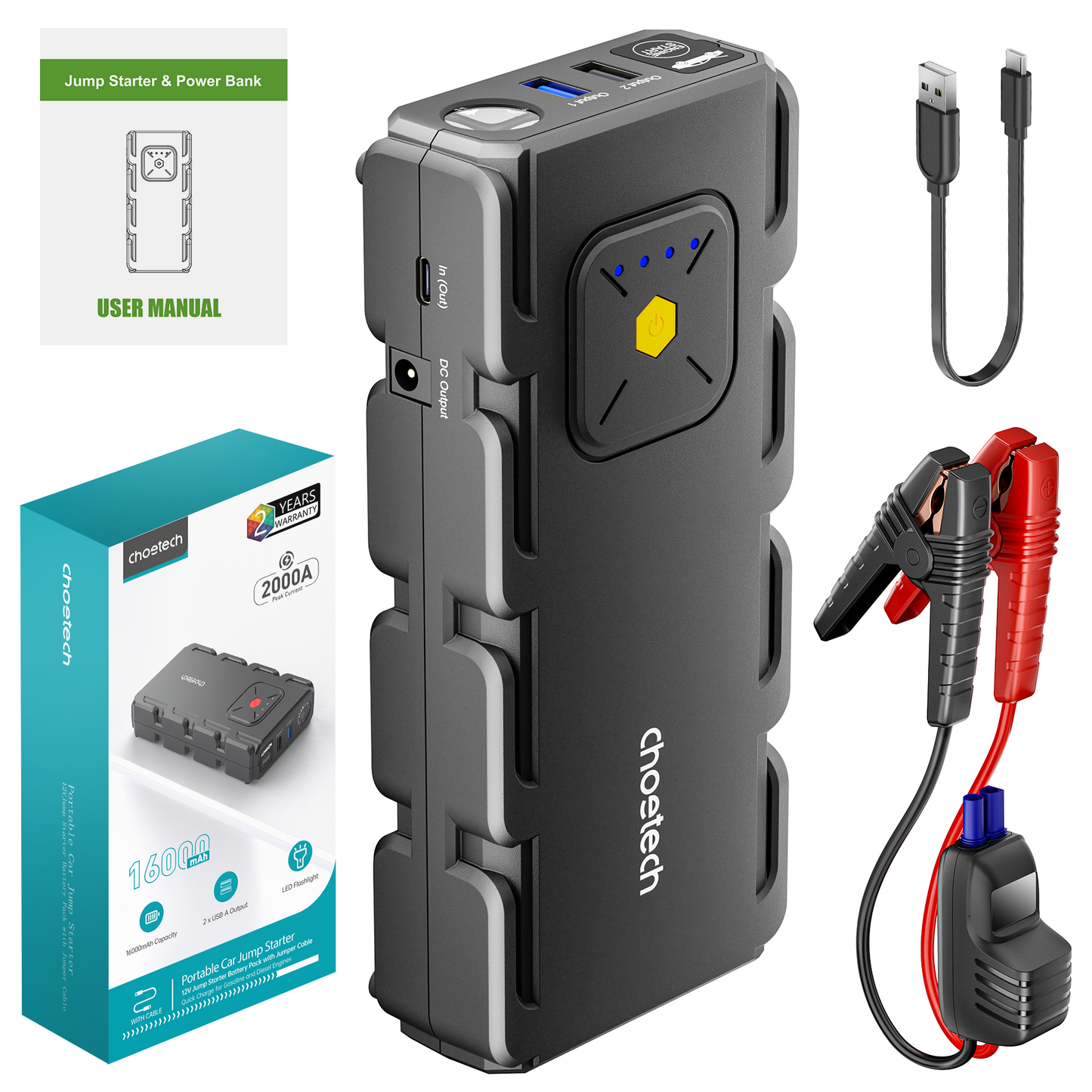 CHOETECH TC0009 16000mAh Portable Car Jump Starter – Power Bank with Emergency Light & USB Charging