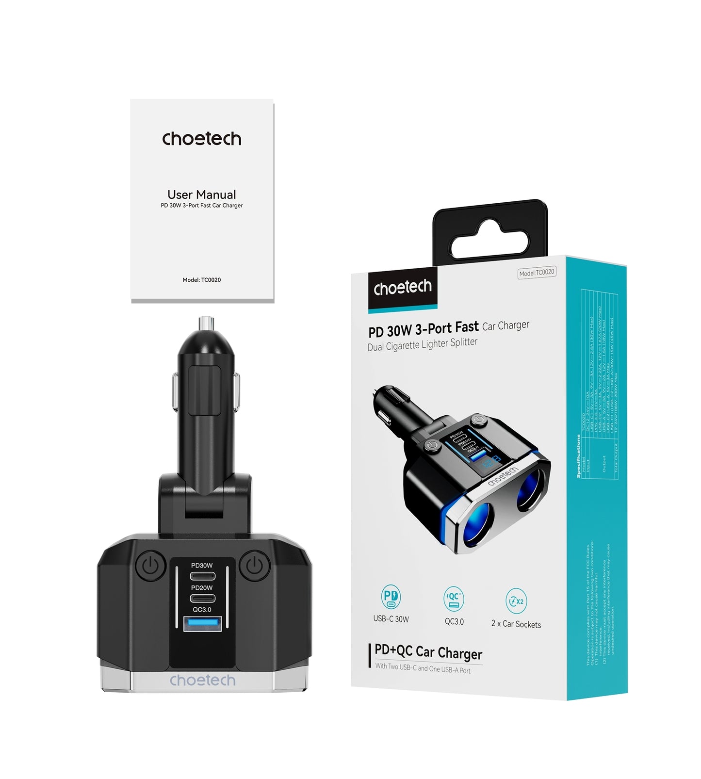 CHOETECH TC0020 45W Car Charger – Dual Cigarette Lighter Sockets, 2× USB-C & 1× USB-A Ports, Power Splitter Adapter for Vehicles