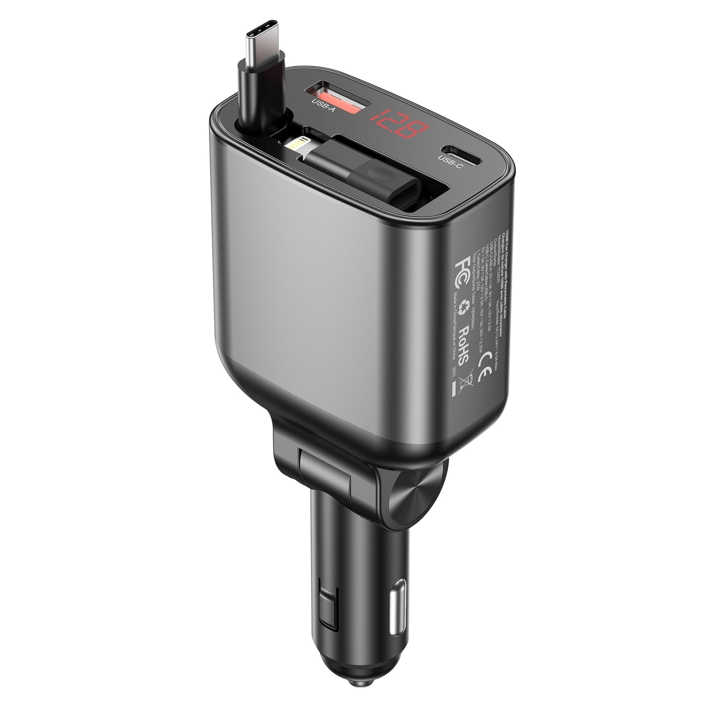 CHOETECH TC0033 105W Fast Car Charger – USB-C + USB-A Ports with Built-in Stretchable USB-C & Lightning Cables