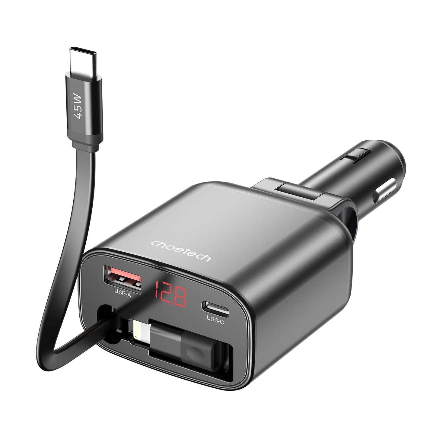 CHOETECH TC0033 105W Fast Car Charger – USB-C + USB-A Ports with Built-in Stretchable USB-C & Lightning Cables
