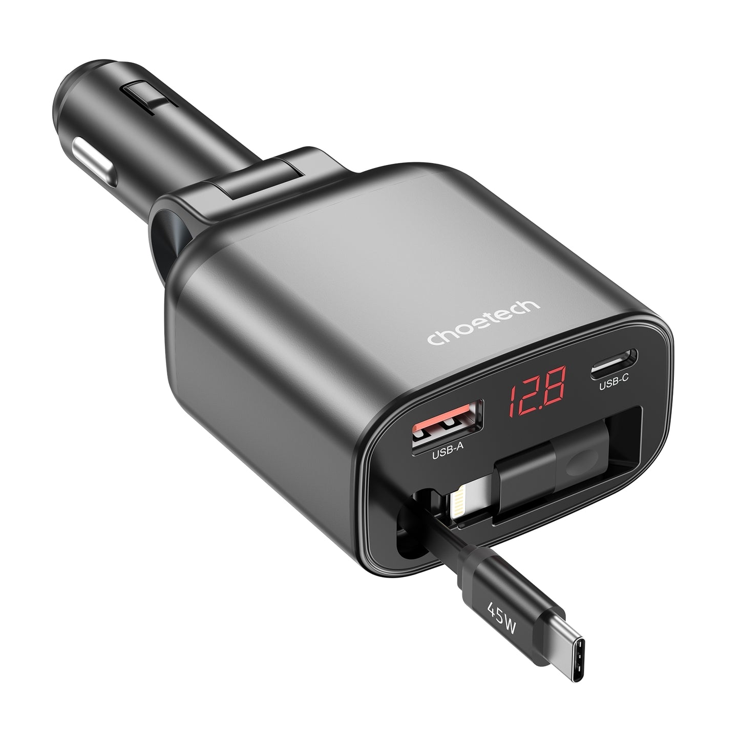 CHOETECH TC0033 105W Fast Car Charger – USB-C + USB-A Ports with Built-in Stretchable USB-C & Lightning Cables