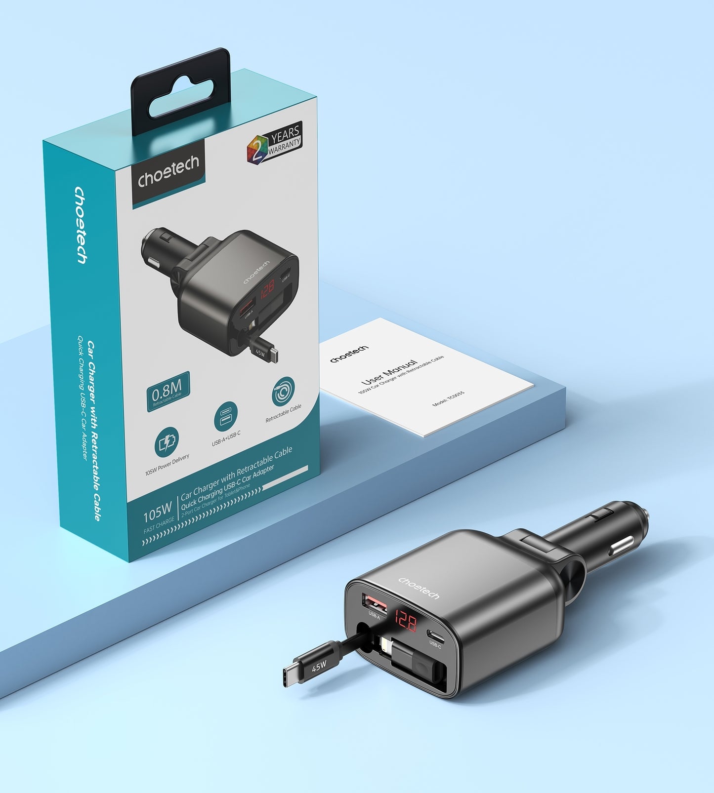 CHOETECH TC0033 105W Fast Car Charger – USB-C + USB-A Ports with Built-in Stretchable USB-C & Lightning Cables