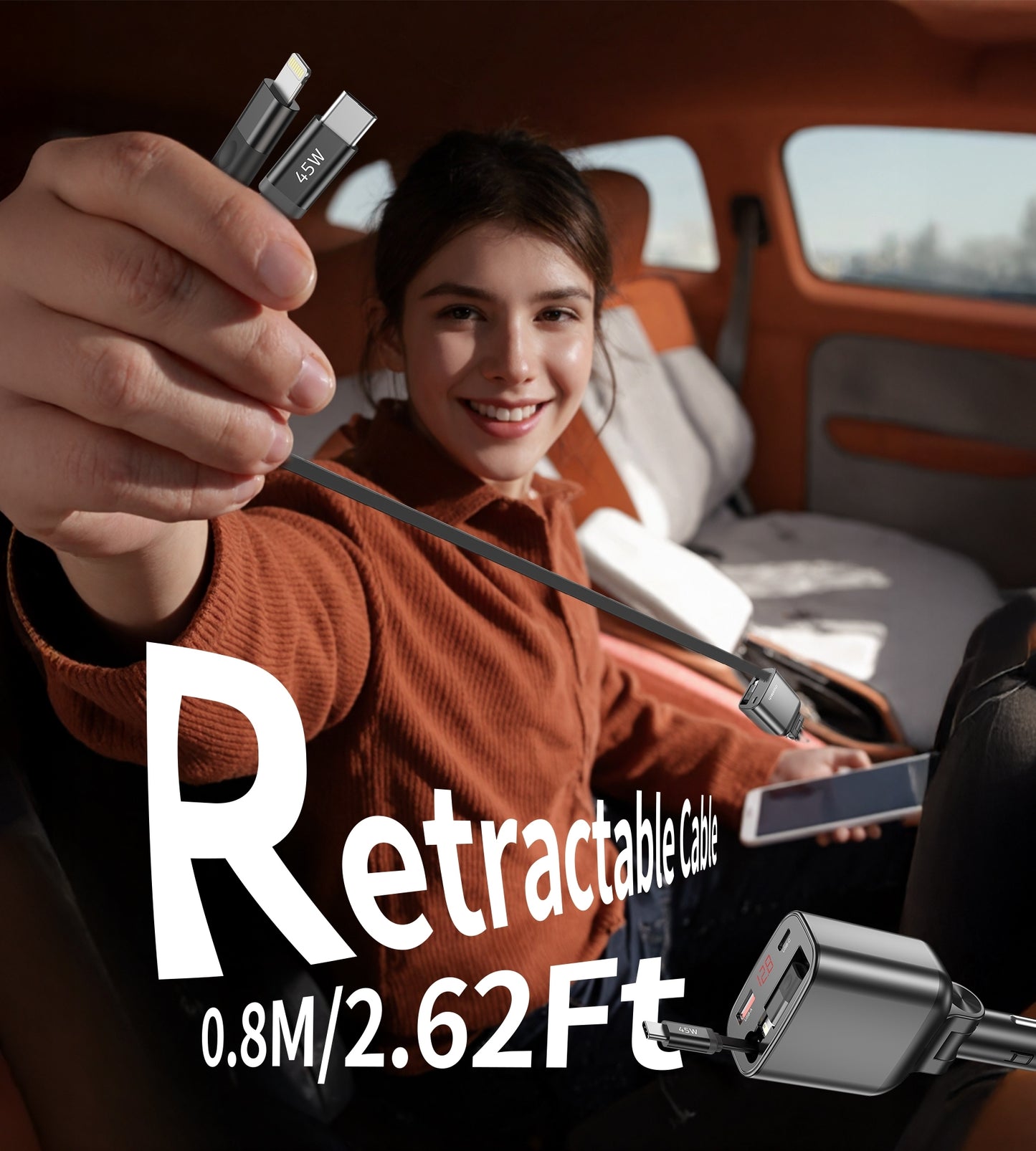 CHOETECH TC0033 105W Fast Car Charger – USB-C + USB-A Ports with Built-in Stretchable USB-C & Lightning Cables