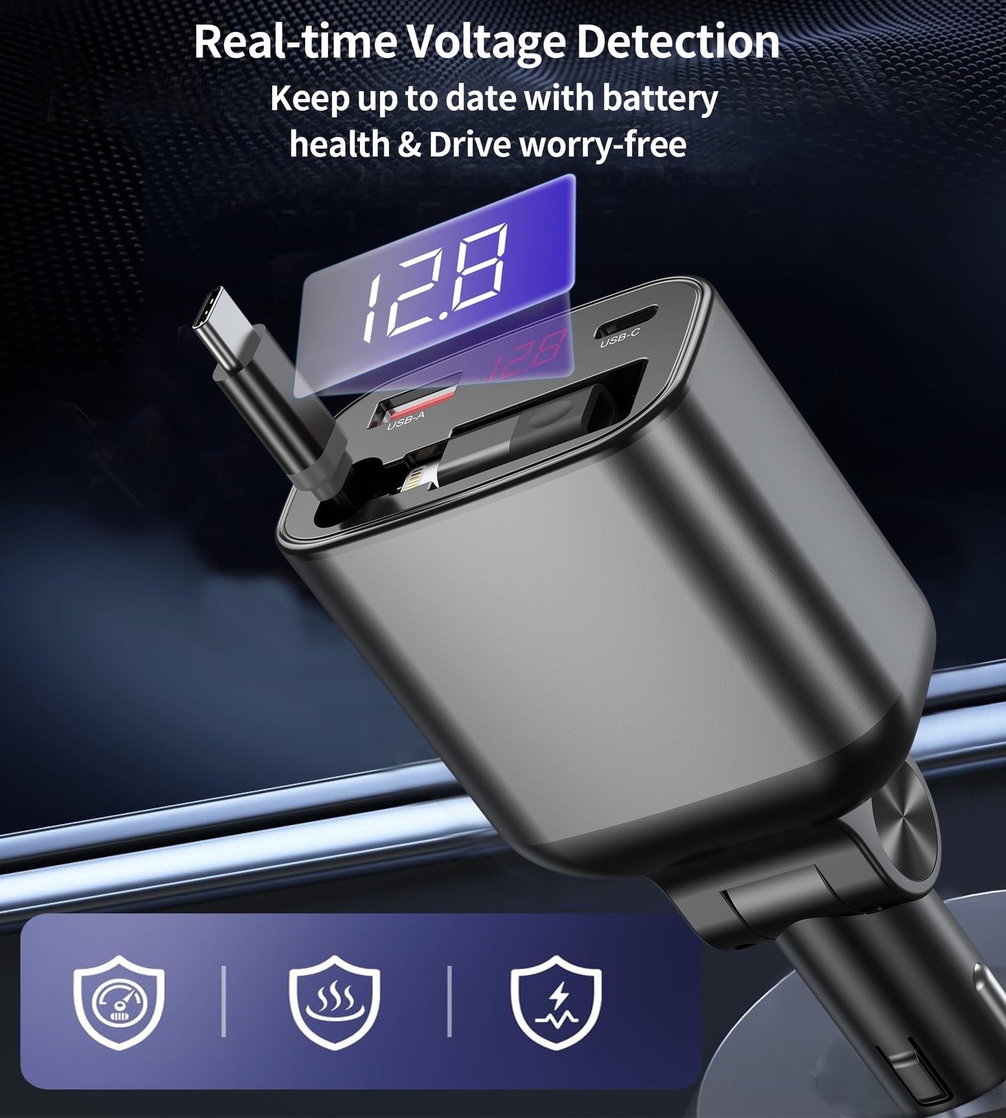CHOETECH TC0033 105W Fast Car Charger – USB-C + USB-A Ports with Built-in Stretchable USB-C & Lightning Cables