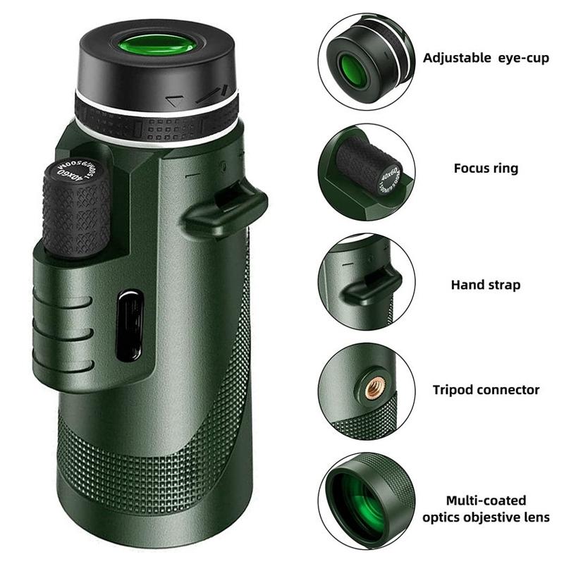 40x60 High Power HD Monocular with Night Vision – Waterproof, Low Light Vision, Smartphone Compatible, Portable