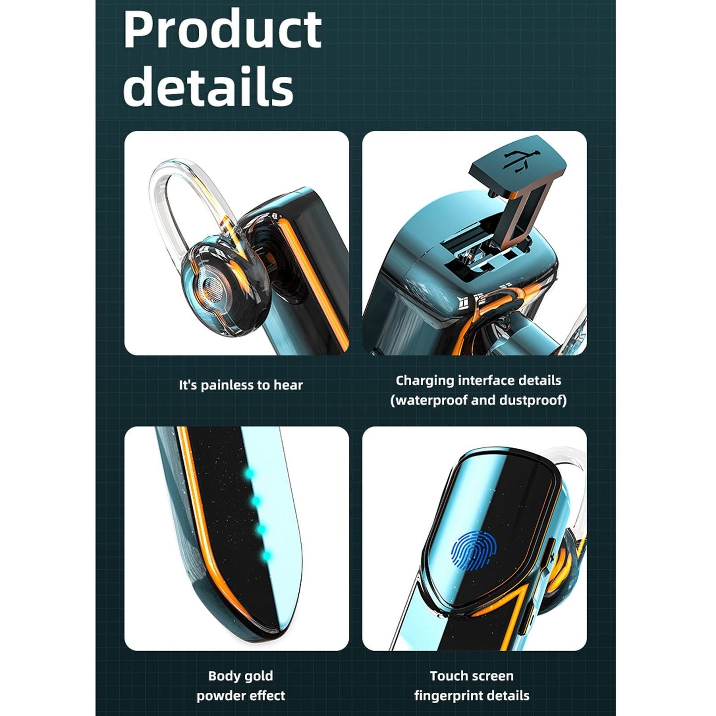 Business Style Bluetooth 5.0 Earphone – Fingerprint Touch Control, Wireless Hands-Free Headset – Black