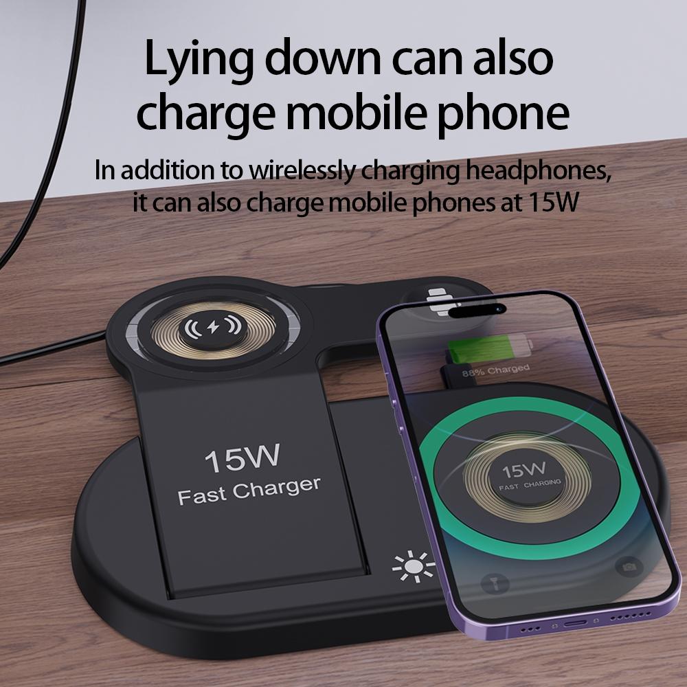 4-in-1 Magnetic Wireless Charger – Black. Fast Qi Charging Station for Phone, Watch, Earbuds & Stylus