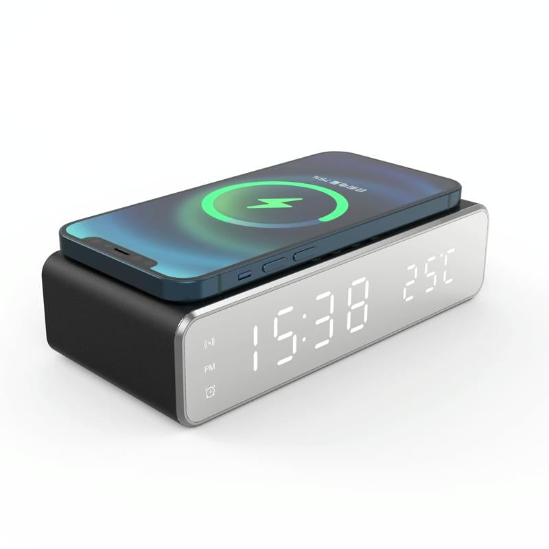 Wireless Charging Desktop Phone Stand with Clock & Temperature Display – Silver