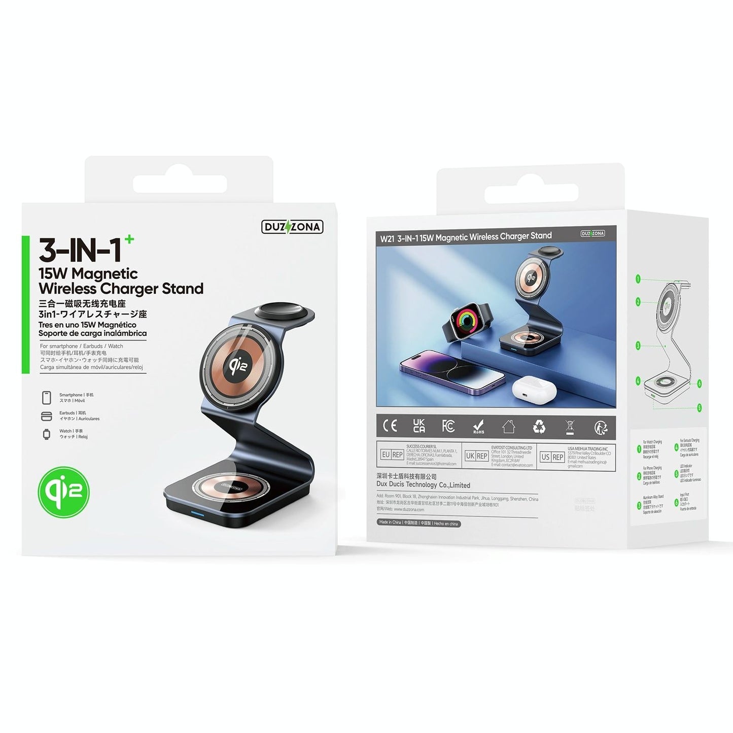 15W 3-in-1 Magnetic Wireless Charger Stand – Black | Fast Qi Charging Dock for Phone, Watch & Earbuds