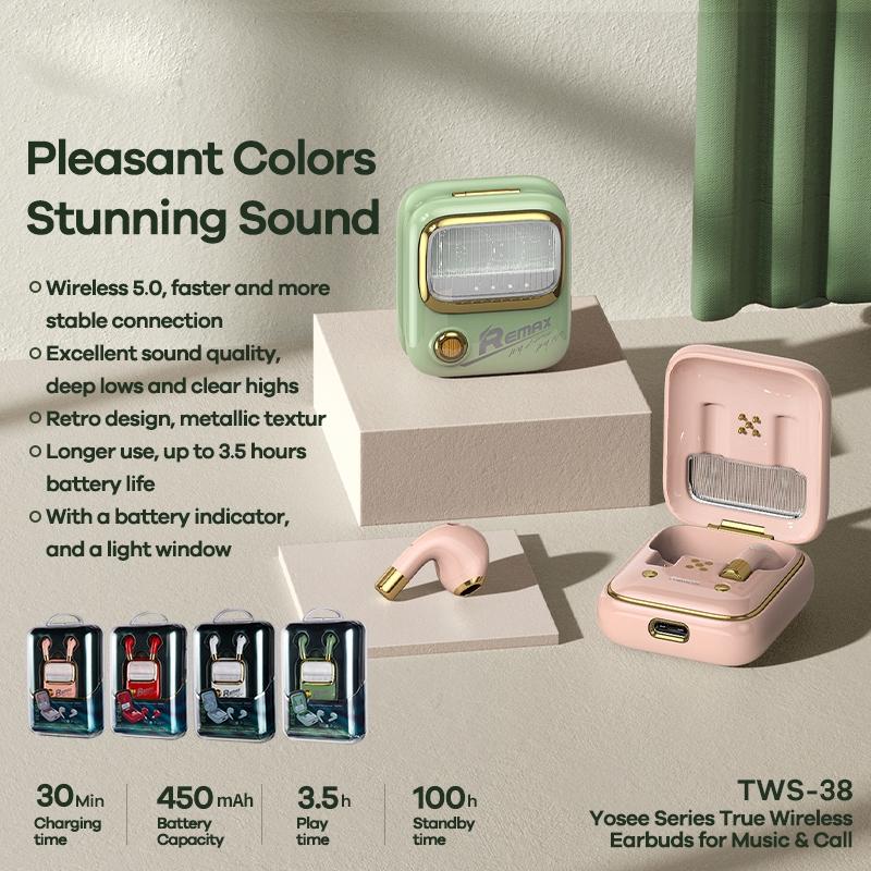 YOSEE TWS-38 True Wireless Bluetooth Earphones – Pink, Bluetooth 5.0, Charging Case, Clear Sound, Compact Design