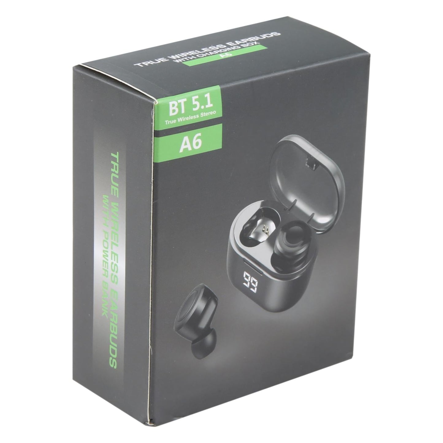 A6 True Wireless Bluetooth Earbuds with Charging Case – Deep Bass, Touch Control – Black