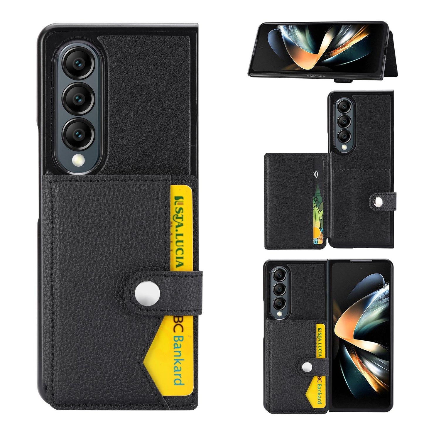 Litchi Pattern Card Holder Case for Samsung Galaxy Z Fold4 5G – Single Button Closure, Slim Wallet Cover – Red