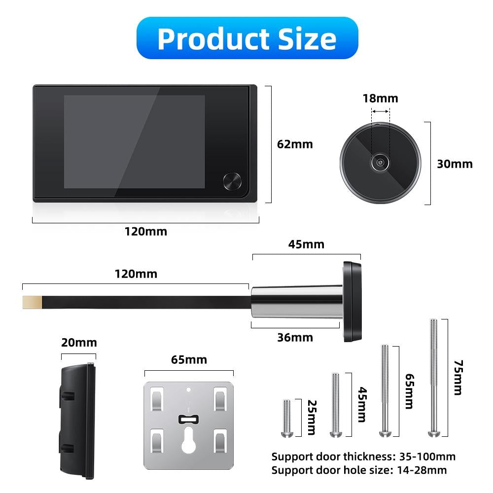 2.0MP Digital Peephole Door Viewer – 3.5'' Screen, HD Camera, Motion Detection, Easy Installation – Black