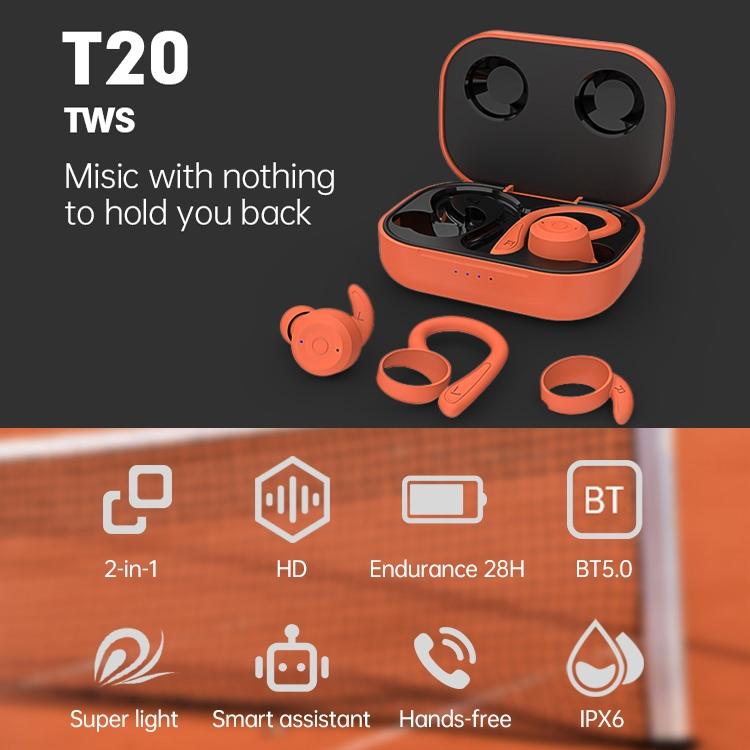 T20 TWS Waterproof Bluetooth Earphones with Charging Box & Noise-Cancelling Ear Hooks – Gray, True Wireless