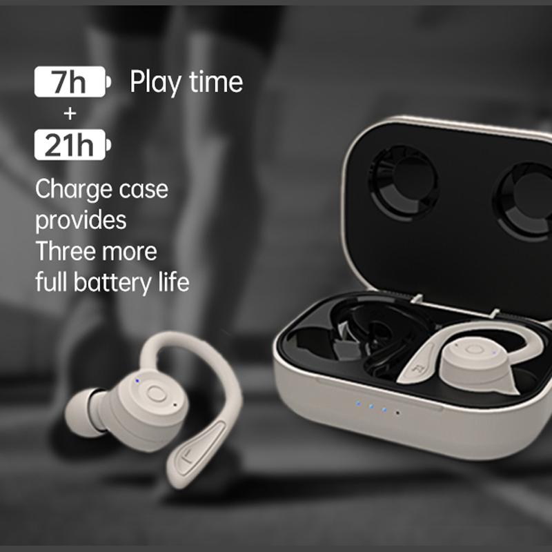 T20 TWS Waterproof Bluetooth Earphones with Charging Box & Noise-Cancelling Ear Hooks – Gray, True Wireless
