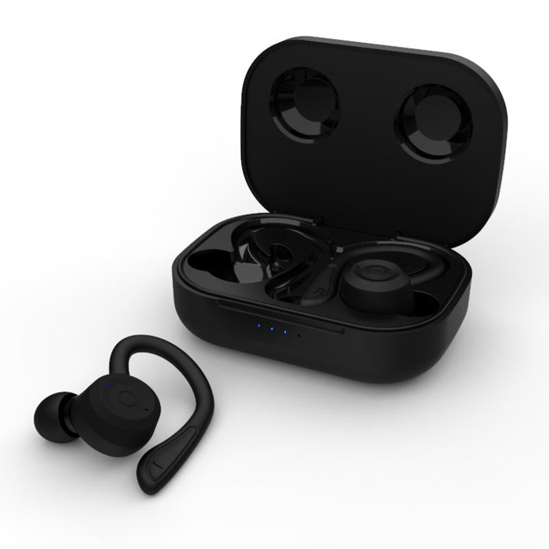 T20 TWS Waterproof Bluetooth Earphones with Charging Box & Noise-Cancelling Ear Hooks – Gray, True Wireless