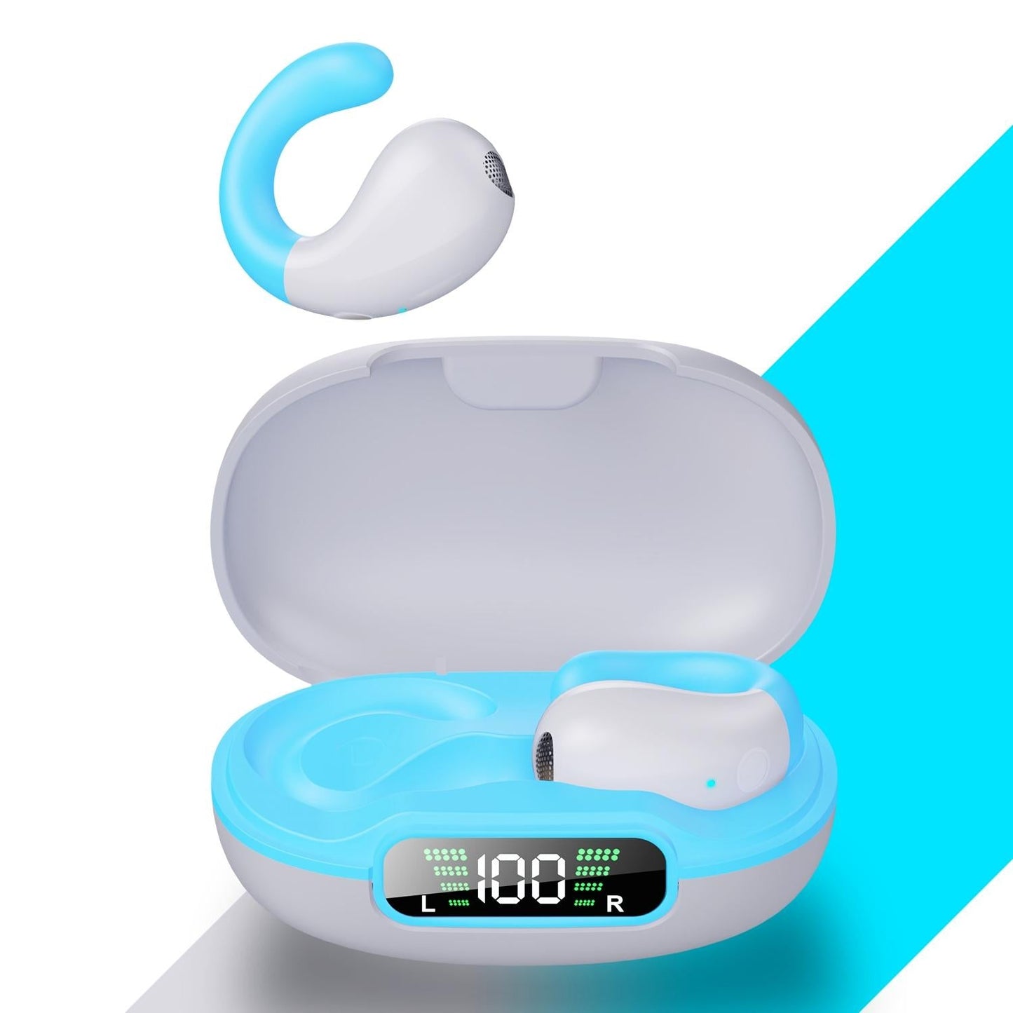 Clip-On Wireless Bluetooth Earphone with Charging Case – Hands-Free In-Ear Headset, White/Blue