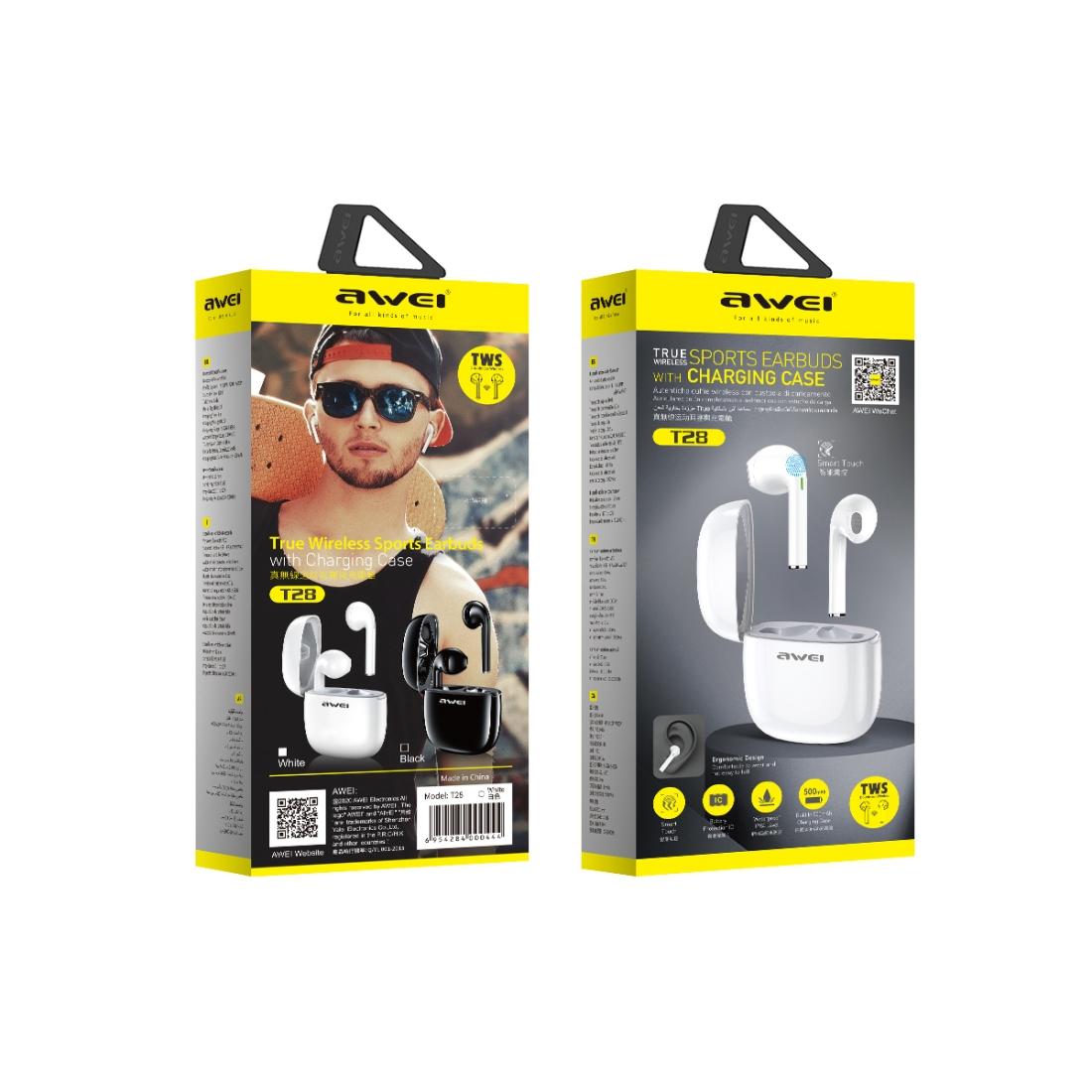 T28 Wireless Sports TWS Headset – White, Bluetooth 5.0, Charging Case, Sweatproof, Clear Sound, Secure Fit