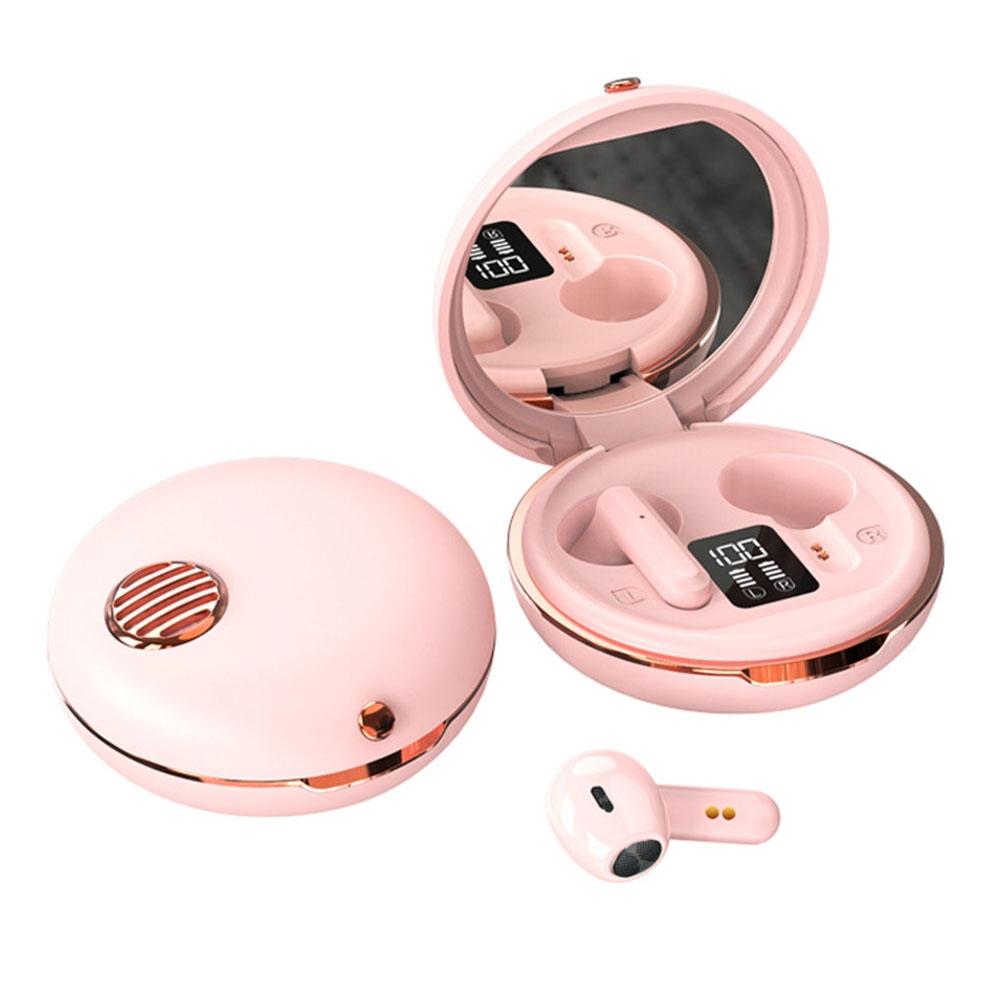 Wireless HiFi Stereo Earphones with Charging Case and Built-in Make-up Mirror – White