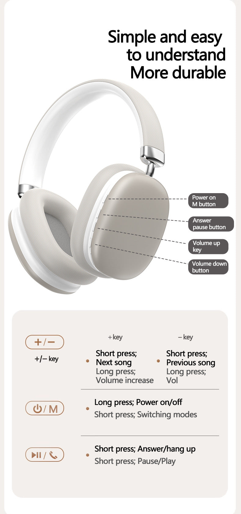 Beige Wireless Bluetooth Over-Ear Headphones – Deep Bass, Foldable Design & Long Battery Life