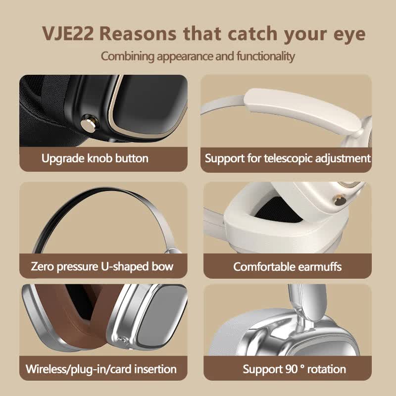 Silver & Brown Compact Retro Wireless Bluetooth Headphones. Deep Bass & Immersive Sound