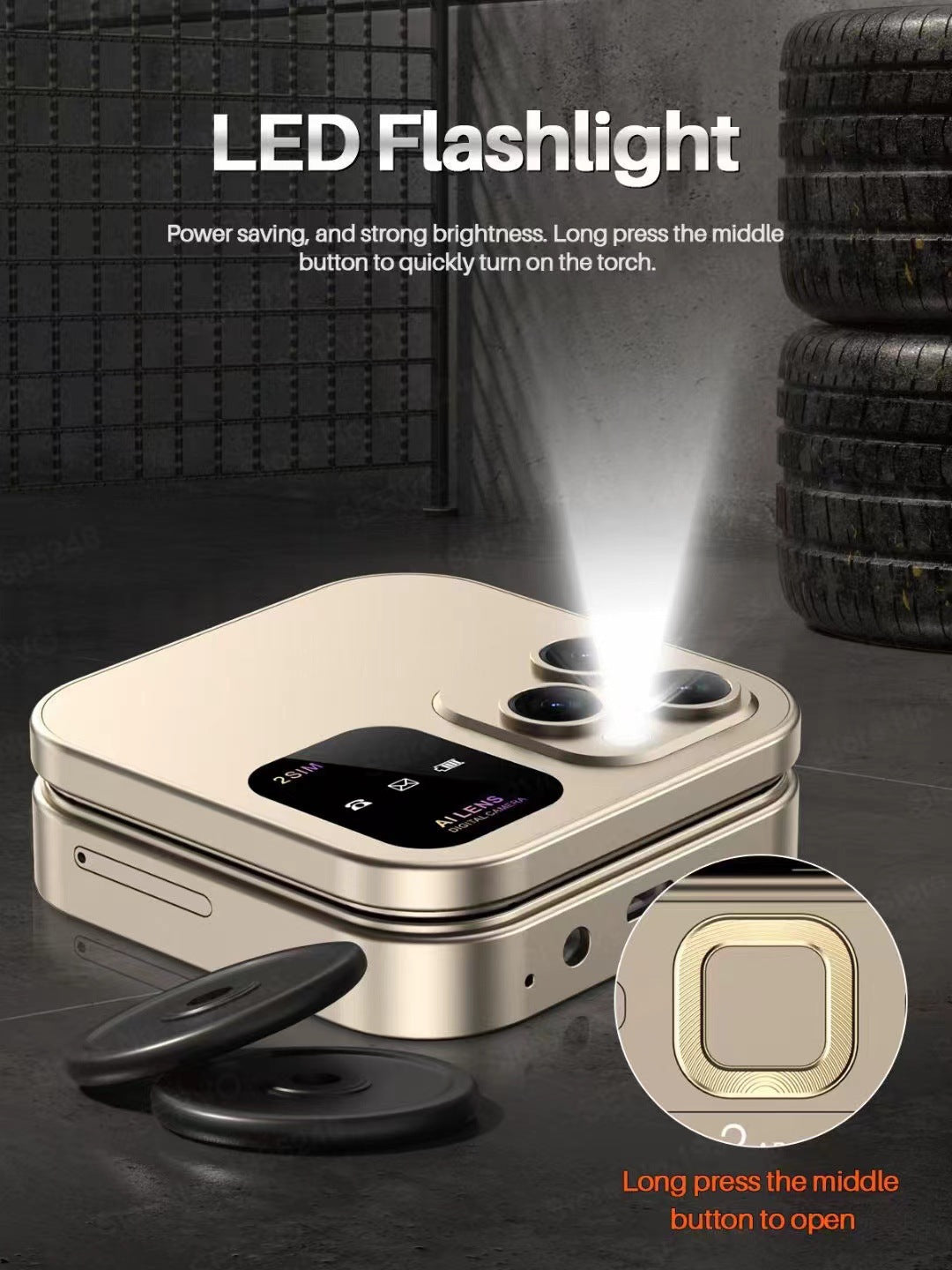 16 Pro Mini Flip Phone (Gold) – Dual SIM, AI Lens Digital Camera, Compact Pocket-Size Mobile, Stylish Retro Design