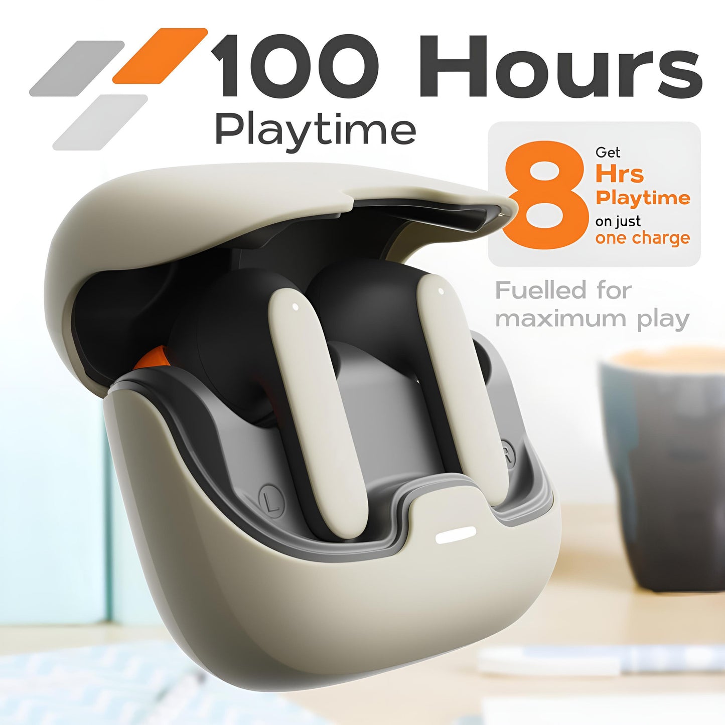 TWS Earbuds with Quad-Mic Noise Cancellation – 100H Playtime, Bluetooth 5.3, 45ms Low Latency, Fast Charging – Beige