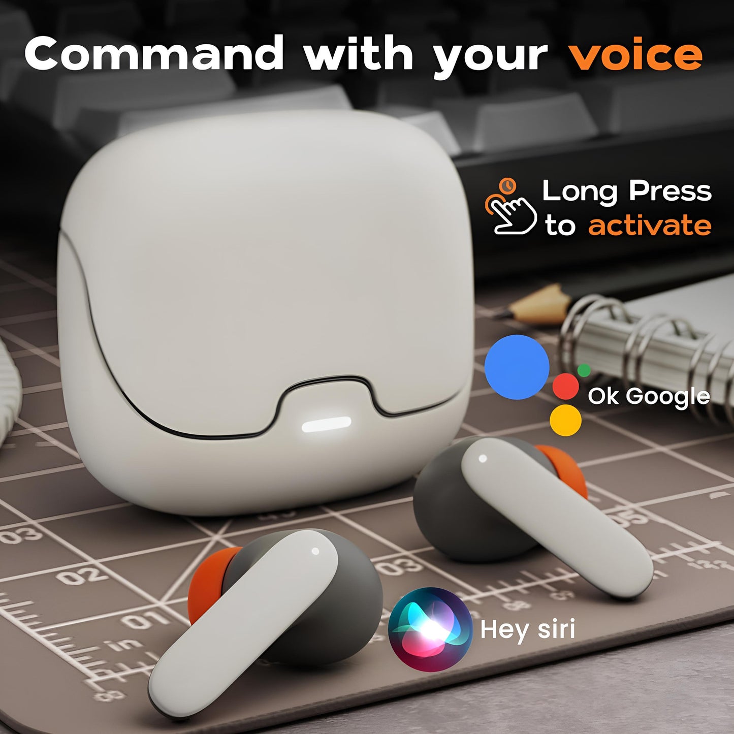 TWS Earbuds with Quad-Mic Noise Cancellation – 100H Playtime, Bluetooth 5.3, 45ms Low Latency, Fast Charging – Beige