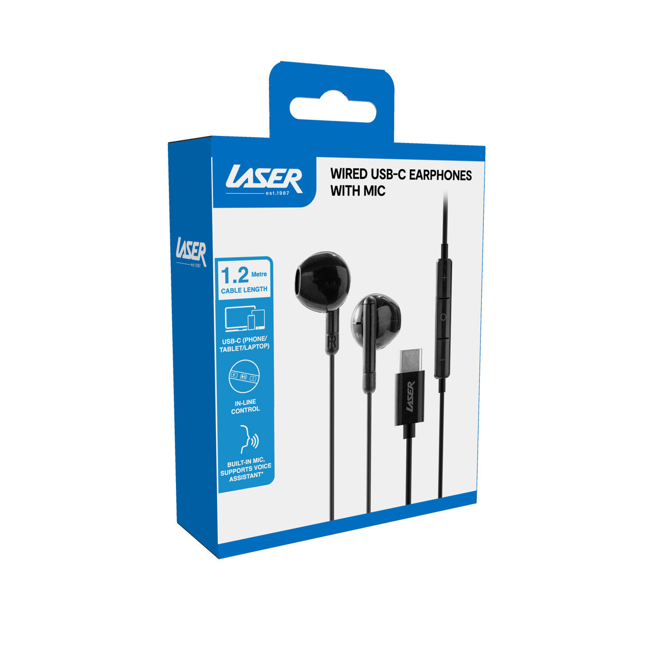 "Laser USB-C Earphones with Microphone – Wired, High-Quality Sound, Noise Isolation – Black