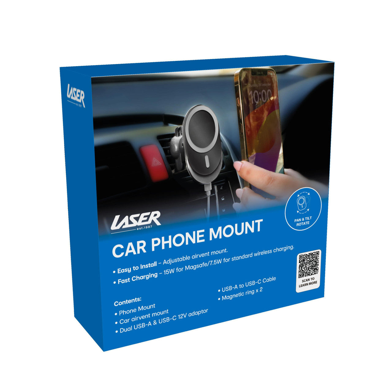 Laser 15W MagSafe Wireless Car Charger Mount – Fast Charging Magnetic Holder for iPhone – Black