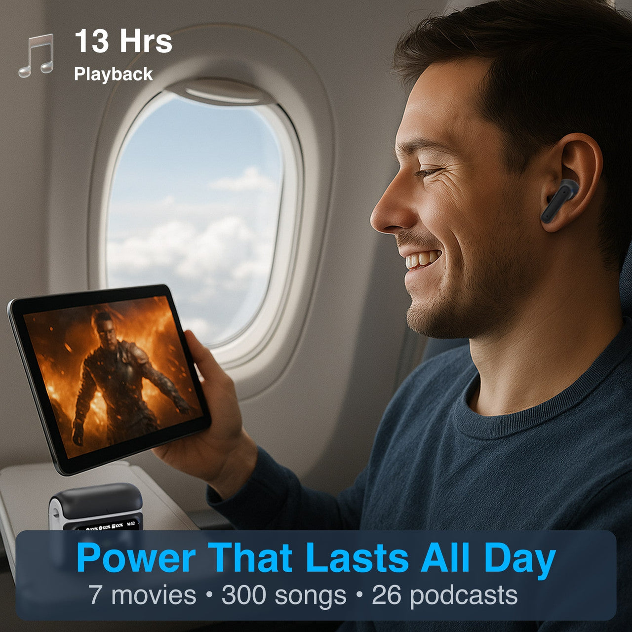 Laser TWS Earbuds with ANC and Touch Display – Wireless Bluetooth Noise Cancelling Earphones – Black