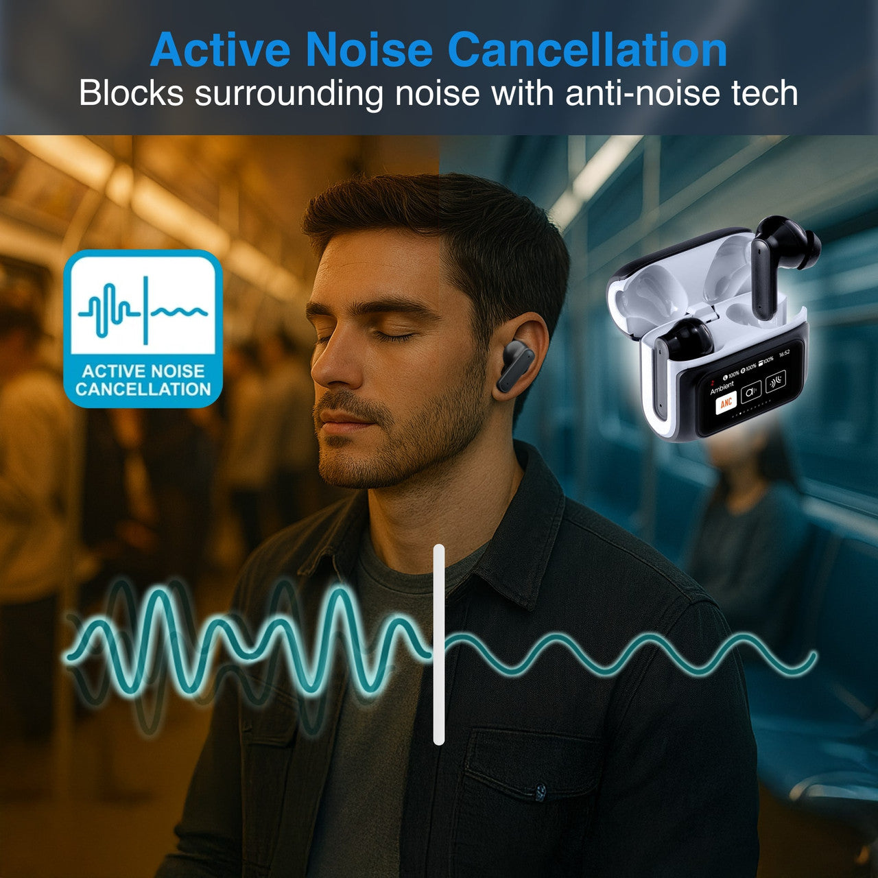 Laser TWS Earbuds with ANC and Touch Display – Wireless Bluetooth Noise Cancelling Earphones – Black