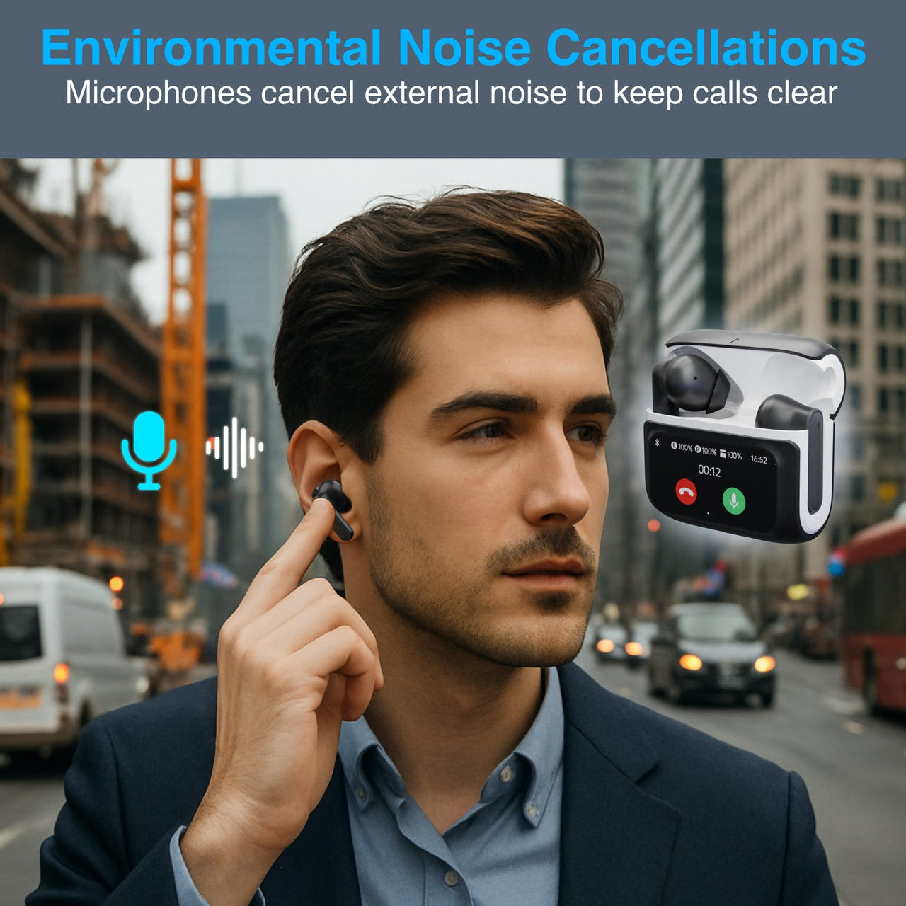 Laser TWS Earbuds with ANC and Touch Display – Wireless Bluetooth Noise Cancelling Earphones – Black