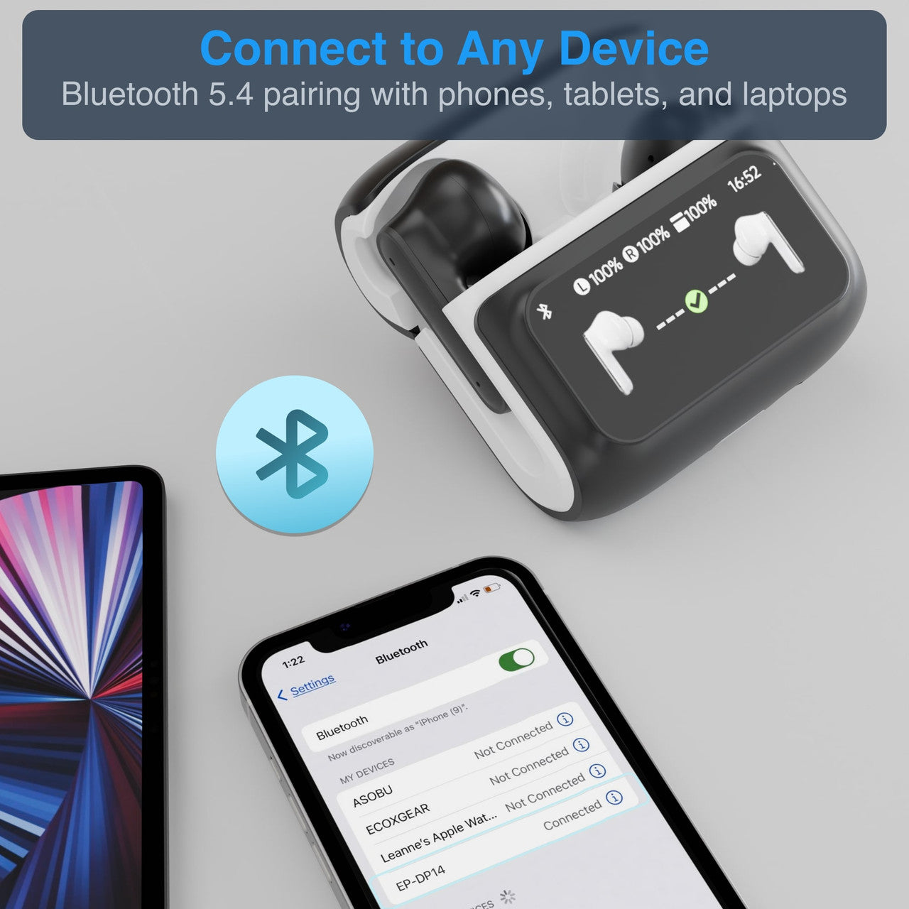 Laser TWS Earbuds with ANC and Touch Display – Wireless Bluetooth Noise Cancelling Earphones – Black
