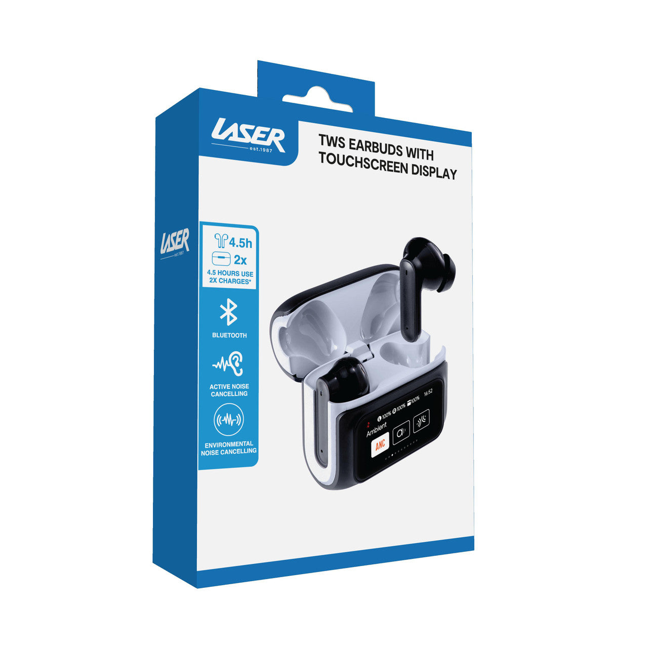 Laser TWS Earbuds with ANC and Touch Display – Wireless Bluetooth Noise Cancelling Earphones – Black