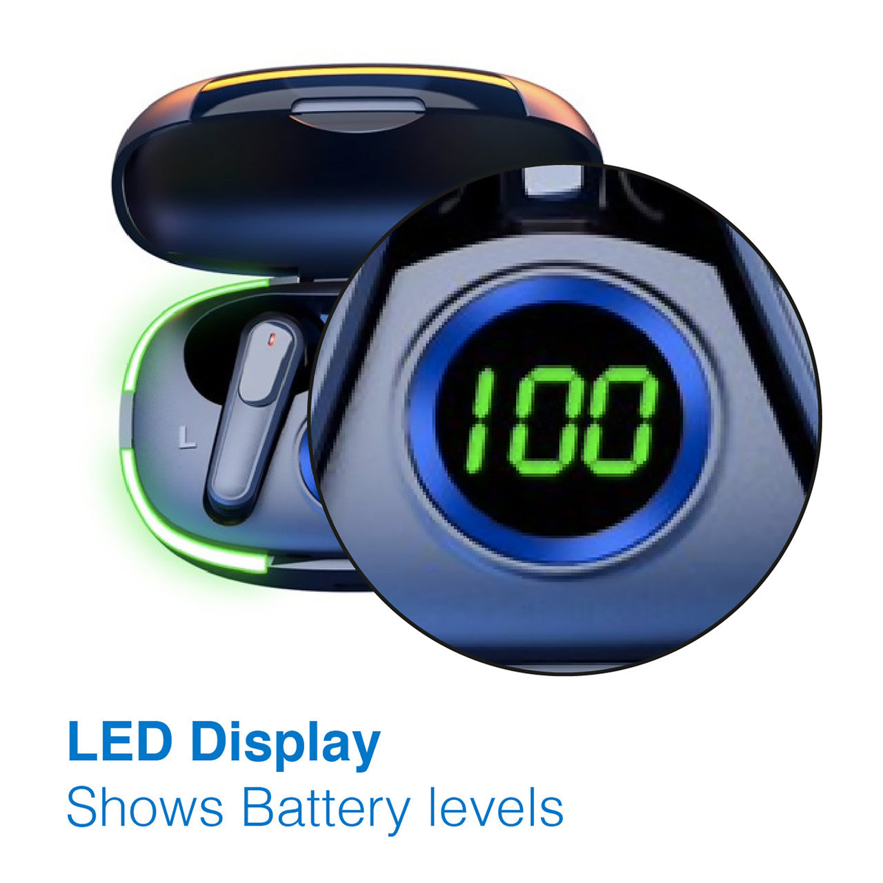 Laser TWS Wireless Earbuds with LED Battery Display – Bluetooth Earphones with Charging Case – Black