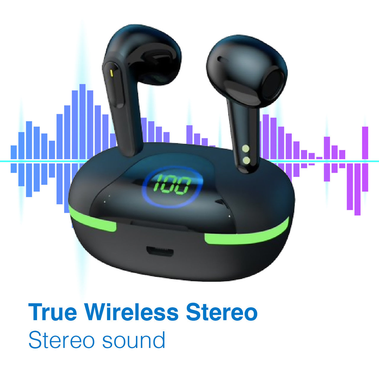 Laser TWS Wireless Earbuds with LED Battery Display – Bluetooth Earphones with Charging Case – Black
