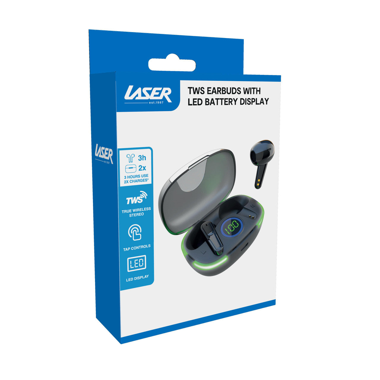Laser TWS Wireless Earbuds with LED Battery Display – Bluetooth Earphones with Charging Case – Black