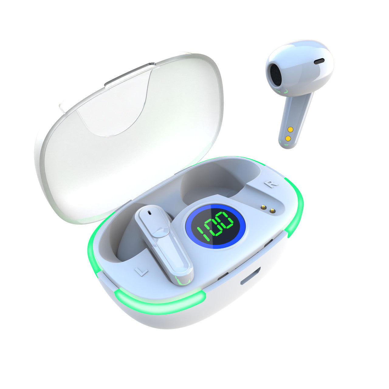 Laser TWS Wireless Earbuds with LED Display – White Bluetooth Earphones with Charging Case & Hi-Fi Sound