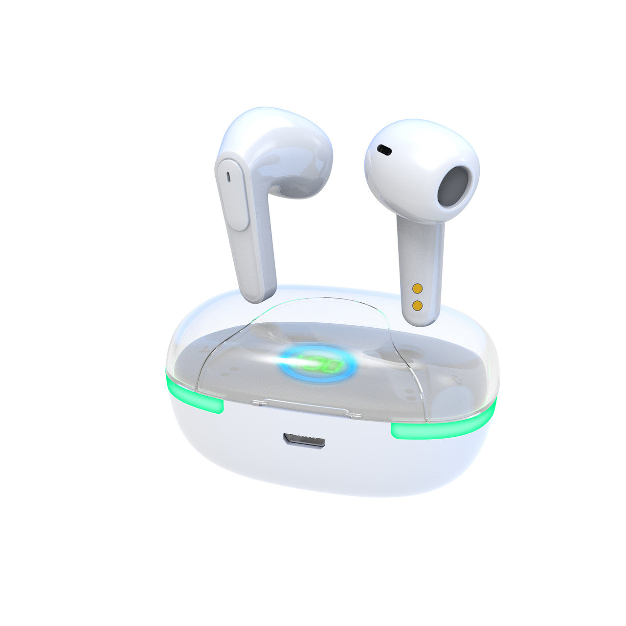 Laser TWS Wireless Earbuds with LED Display – White Bluetooth Earphones with Charging Case & Hi-Fi Sound
