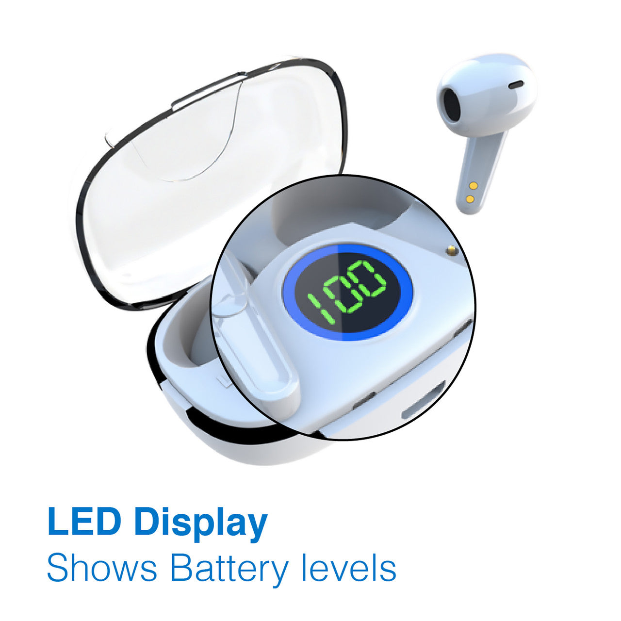 Laser TWS Wireless Earbuds with LED Display – White Bluetooth Earphones with Charging Case & Hi-Fi Sound